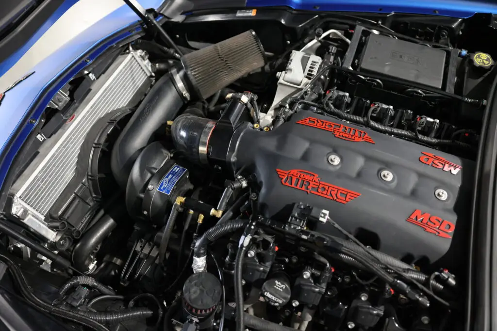 Blue C7 Corvette ProCharged under hood