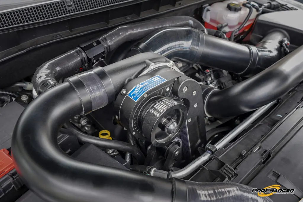 ProCharger GM SUV under hood from left side