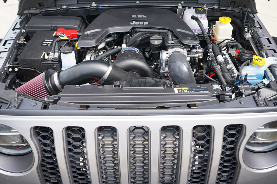 Underhood of Jeep Gladiator with supercharger