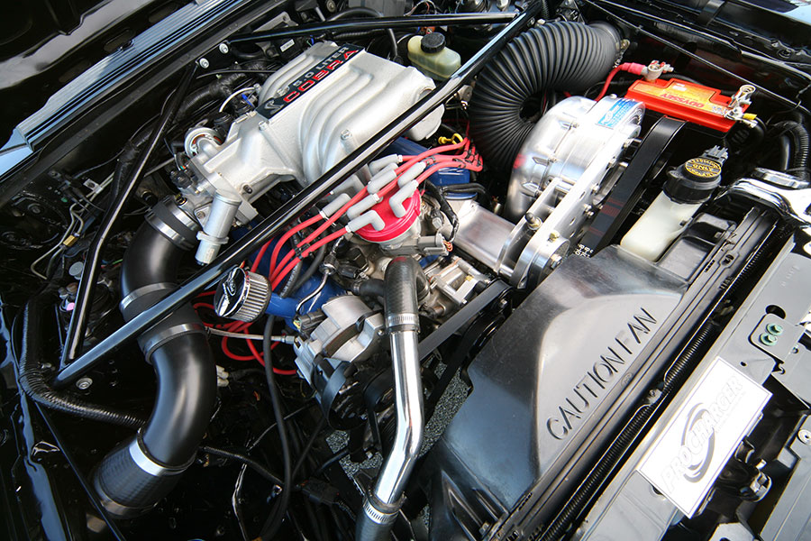 1993 Ford Mustang Cobra with supercharger under hood