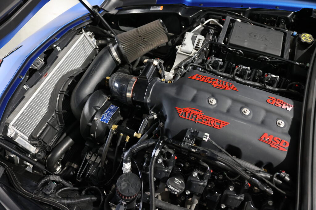 Blue C7 Corvette ProCharged under hood