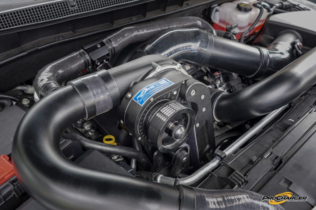 ProCharger GM SUV under hood from left side