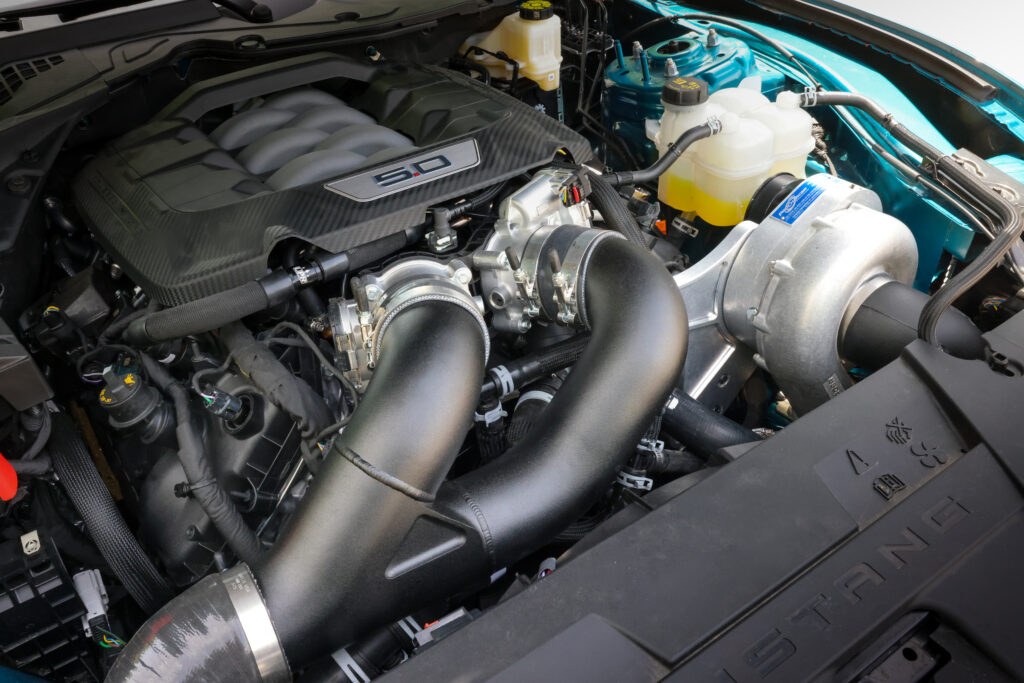 LEFT SIDE OF S650 ENGINE BAY SHOWING PROCHARGER SUPERCHARGER KIT INSTALLED