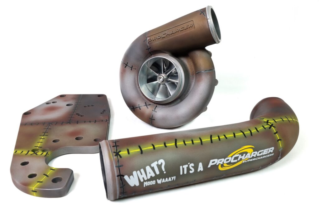 Frankenstein inspired ProCharger kit with blower, bracket, and piping
