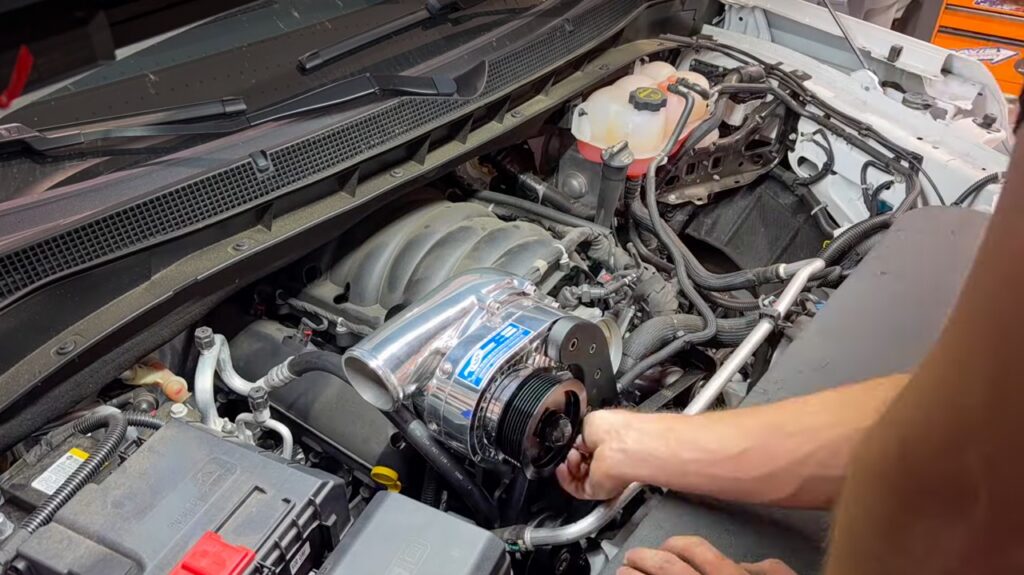 ProCharger unit getting installed underhood