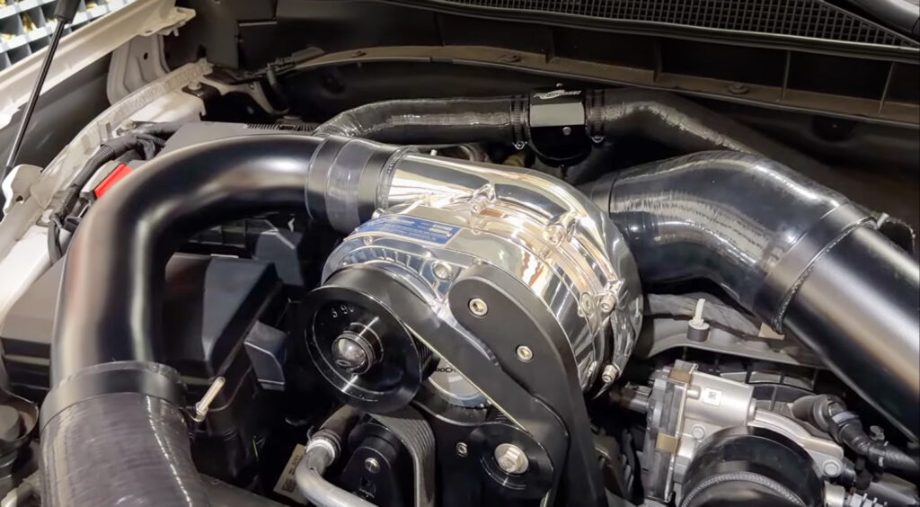 ProCharger up close, polished blower with black bracket